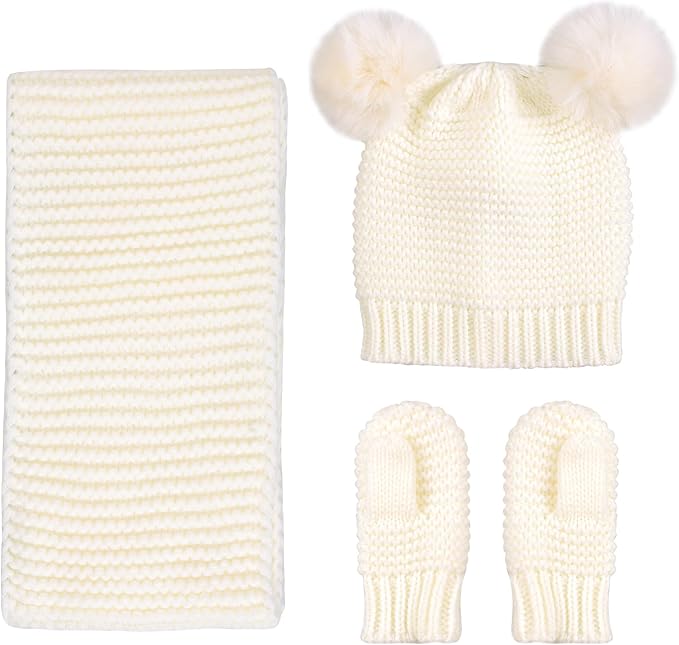 Duoyeree Baby Winter Hat Scarf Glove Beanie Set Girls Boys Pom Pom Knitted Beanie Mitten Scarves for Toddler 0-3T