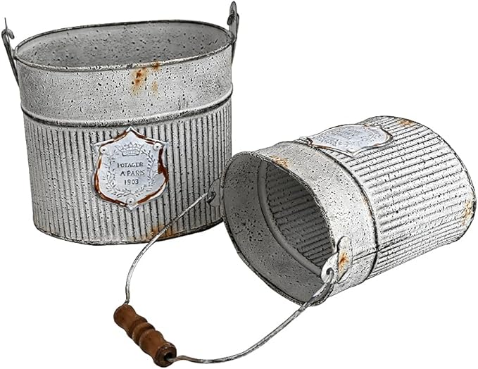 Vintage Galvanized Metal Planter Pots Set of 2, Rustic Farmhouse Flower Pots with Handles, "Potager A Paris 1903" Decorative Planters for Indoor Outdoor Gardening, Succulents, Herbs, Home Decor