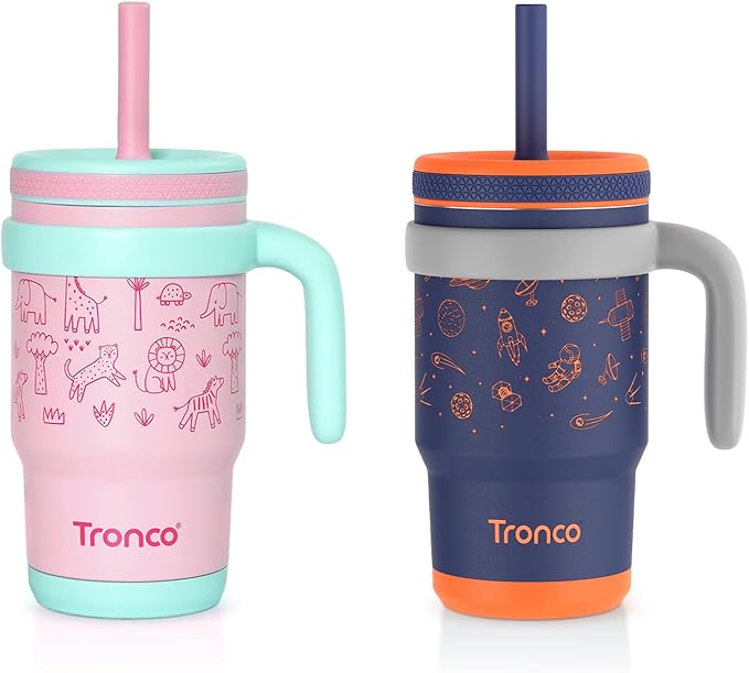 Tronco 14 oz Kids Insulated Tumbler with Handle & Spill Resistant Flexible Straw, BPA-Free Stainless Steel Toddler Cups with Lids, Splash-Proof Kid Drinking Cup Travel Mugs, Hand Wash Only