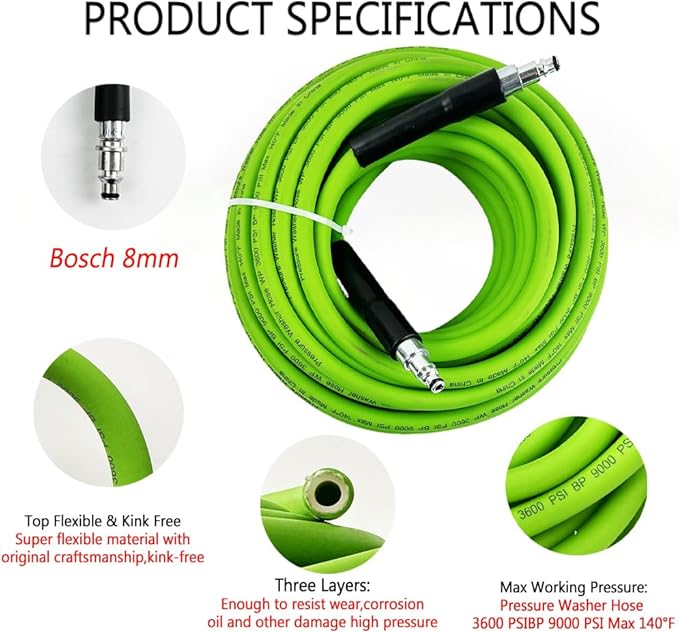 5800PSI/400Bar Ultra Flexible Pressure Washer Hose for Bosch Home Cleaning, 5M-30M High Pressure Extension Tube with Quick-Connect Adapter,(Red/Blue/Yellow/Green/Grey/Orange/Light Blue)(Green,50FT)