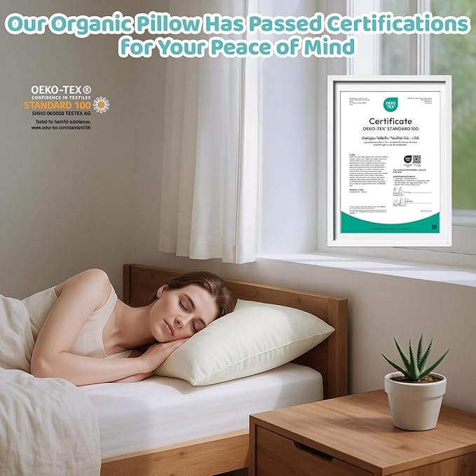 LOFE Organic Pillow with Pillowcase - 20x26 Youth Pillow with 100% Organic Cotton Shell, Adjustable Loft Organic Standard Plilow, Machine Washable, Soft, Perfect for Youth&Adults
