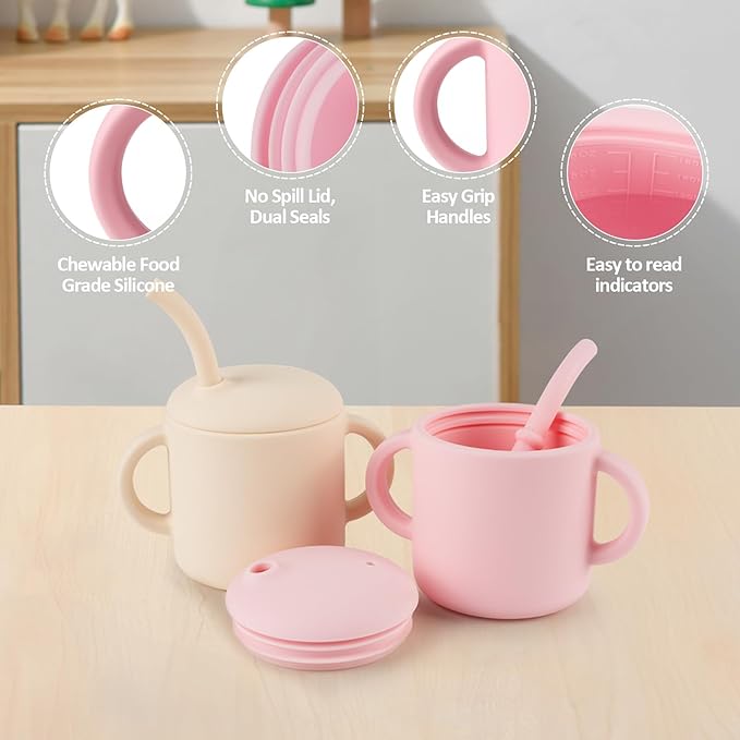 Silicone Baby Cup with Straw, Straw Cup for 6 months+ old, Leak Proof Silicone Baby Training Cup 6 fl oz (Pink)