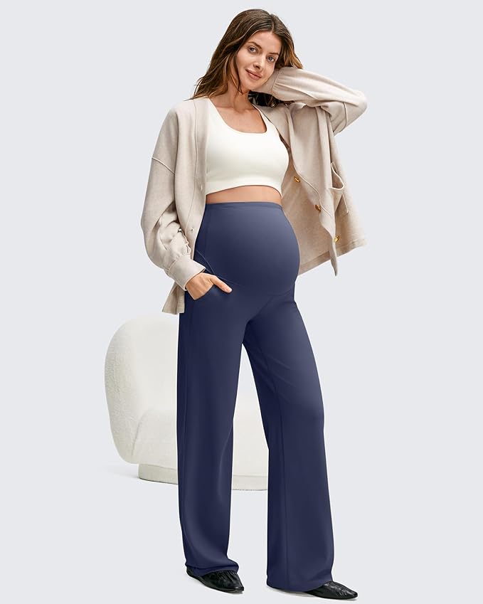 G4Free BareFeel Maternity Dress Yoga Pants with Pockets Over The Belly Stretchy Work Slack Pregnancy Wide Leg Casual Trousers