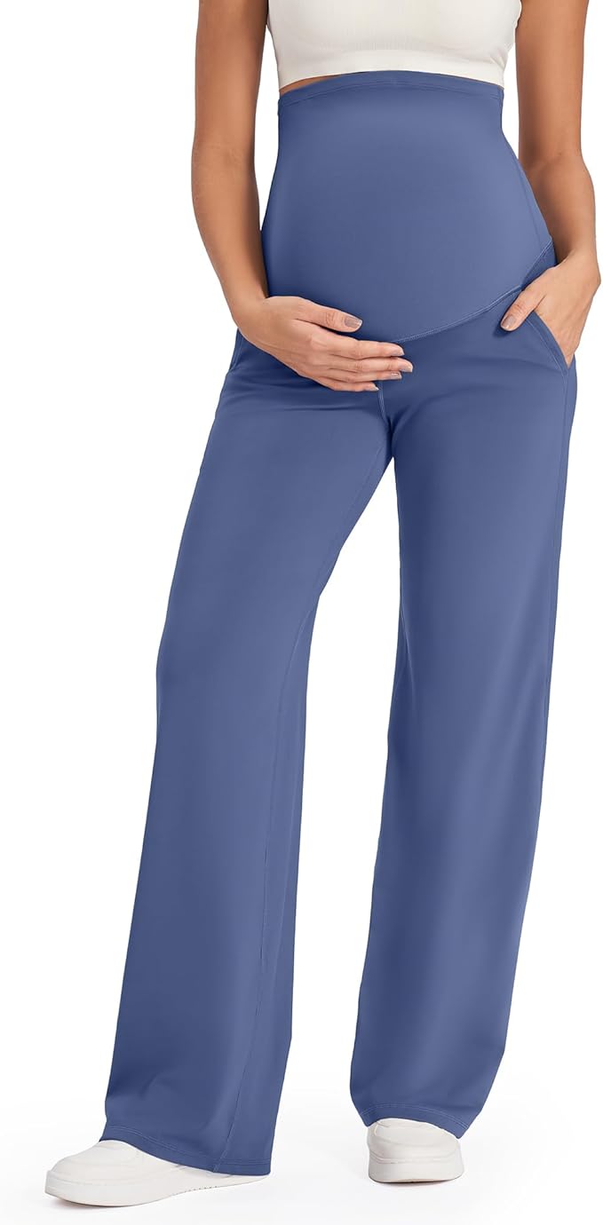 G4Free Maternity Pants Over The Belly Yoga Dress Work Pregnancy Pants Stretchy Lounge Wide Leg Trousers with Pockets