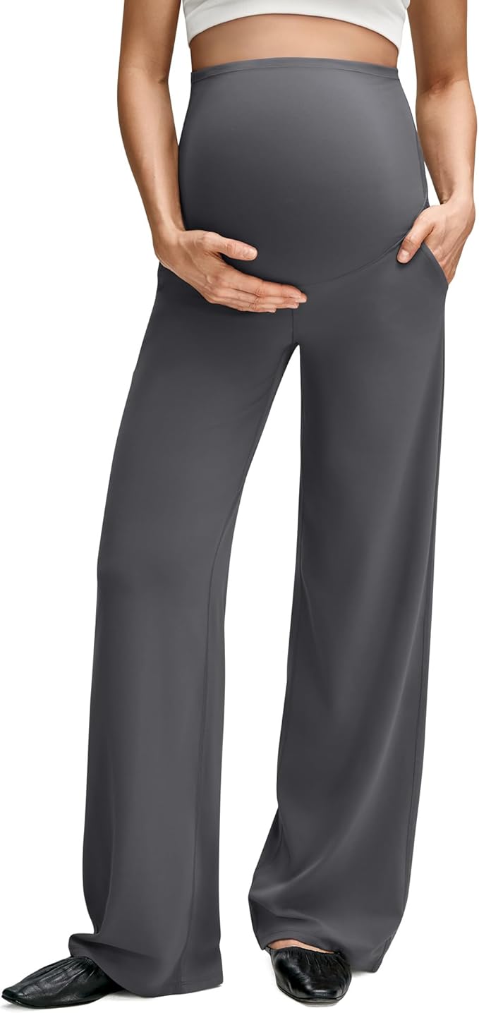 G4Free BareFeel Maternity Dress Yoga Pants with Pockets Over The Belly Stretchy Work Slack Pregnancy Wide Leg Casual Trousers