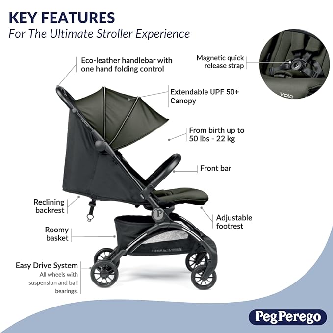 Peg Perego Volo, Ultra Lightweight Carry On Compliant Travel Stroller, Adjustable Features & Reclining Seat - Designed for Everyday Comfort from Newborn to 50lbs, Metal (Sage Green)
