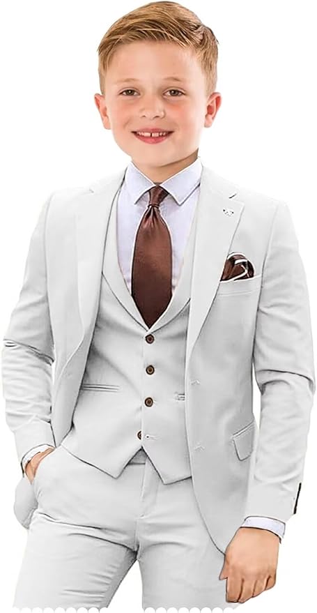 Boys Suit 4 Piece Slim Fit Kids Tuxedo Suit Formal Wedding Outfit Blazer Vest Pants Set with Tie