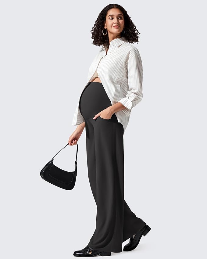 G4Free Ribbed Maternity Yoga Pants with Pockets Over The Belly Wide Leg Casual Pregnancy Lounge Trousers