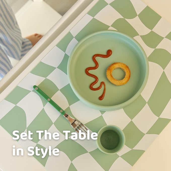 APLAINR Proud Placemats, Silicone Placemats for Babies, Toddlers & Kids, Activity Mats for Children, Checkered and Stripe Patterns, Non Slip, 16 x 12 inch, Set of 2, Matcha Green