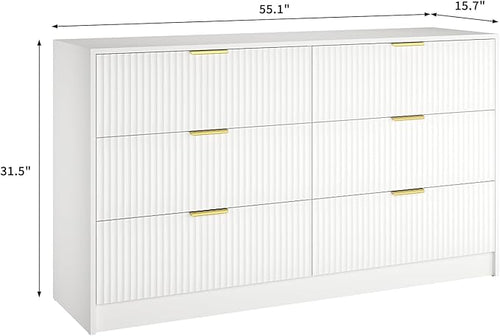 6 Drawers Fluted Dresser for Bedroom, 55" Wide Wooden Dresser with Deep Drawers, Large Floor Chest of Drawers, Modern Long TV Stand, Storage Cabinet Side Table, White