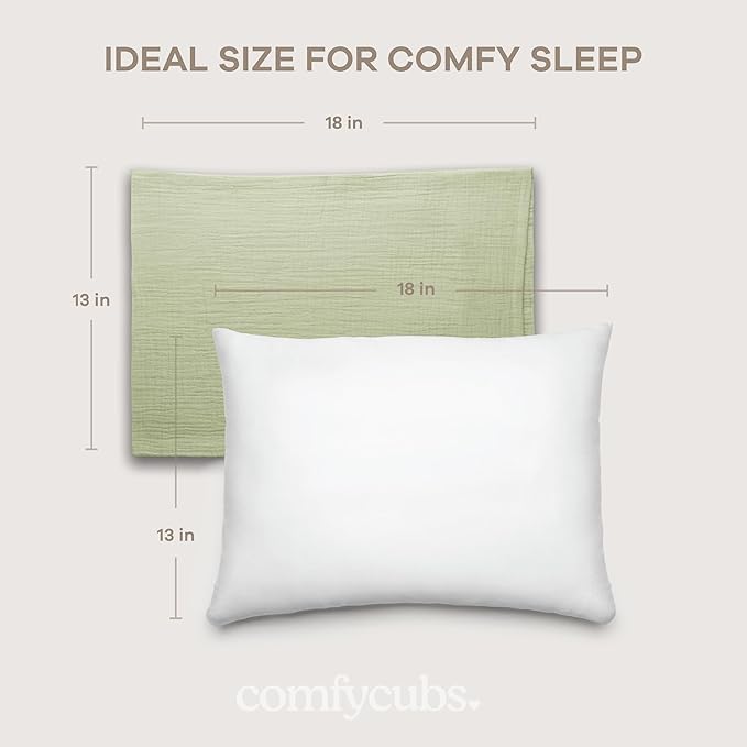 Comfy Cubs Toddler Pillow with Muslin Pillowcase, 13 x 18 in - Travel and Sleep Support for Kids - Lightweight, Breathable Microfiber Fill - Soft and Cozy Small Pillow for Toddlers - Sage