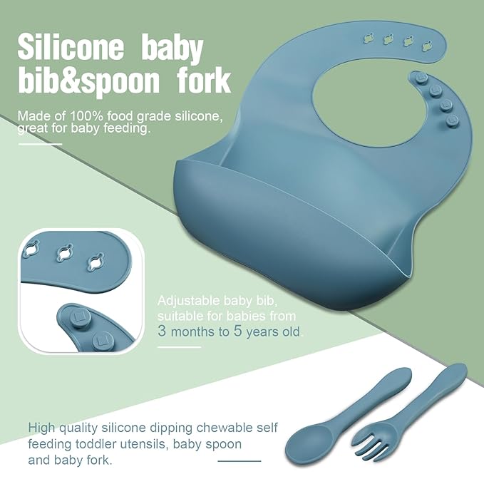 10 Pack Silicone Baby Feeding Set, Toddlers Led Weaning Feeding Supplies with Suction Baby Bowl Divided Plate Adjustable Bib Soft Silicone Spoon Fork, Infant Self Eating Utensil Set (Blue, Green)