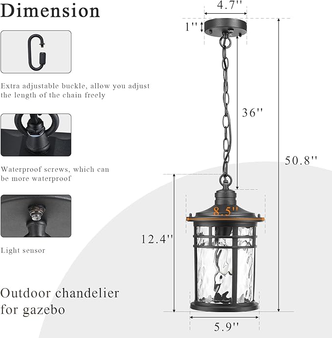 Large Hanging Porch Light 12.4 Inch Dusk to Dawn Outdoor Pendant Light with Water Ripple Glass Waterproof Outdoor Hanging Lantern Light with Adjustable Chain E26 Socket