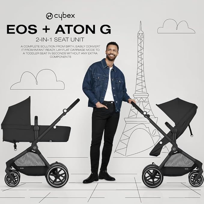 Cybex EOS 5-in-1 Travel System Stroller + Lightweight Aton G Infant Car Seat, Moon Black, Silver Frame