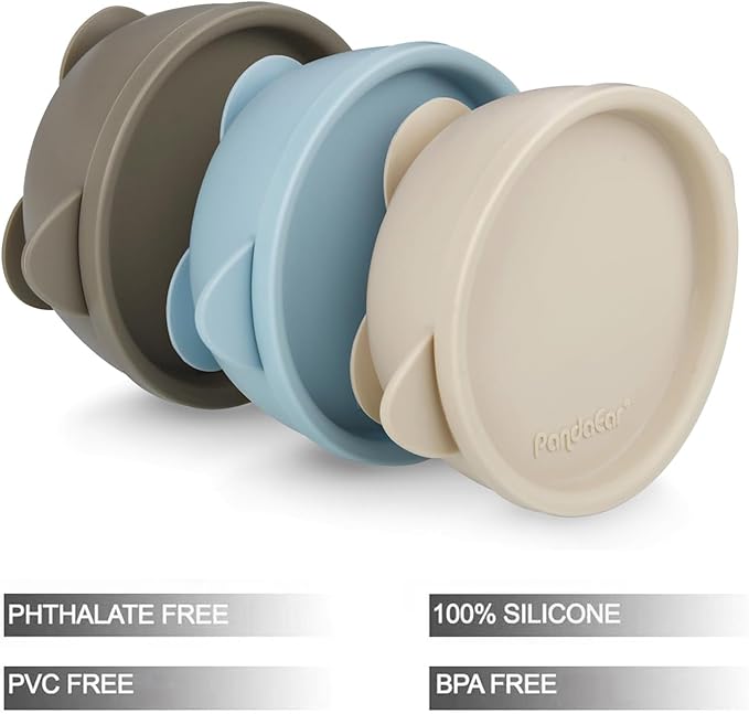 PandaEar 3 Pack Baby Suction Bowls with Lids| Leak-Proof Stay Put Silicone Food Bowl for Babies Kids Toddlers Infants| Food Grade Soft Safe BPA-Free Silicone (Blue Brown Tan)