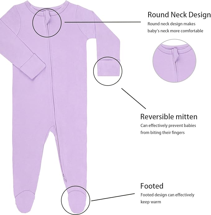 GUISBY Long Sleeve Baby Footed Pajamas with Mittens Cotton Sleepers with Zipper 3-Pack
