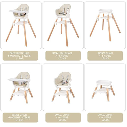 6 in 1 Baby High Chair, Convertible Wooden High Chairs/Booster Seat for Babies and Toddlers, Baby Feeding Chair with 5-Point Harness/Double Removable Tray & Adjustable Footrest (Beige)