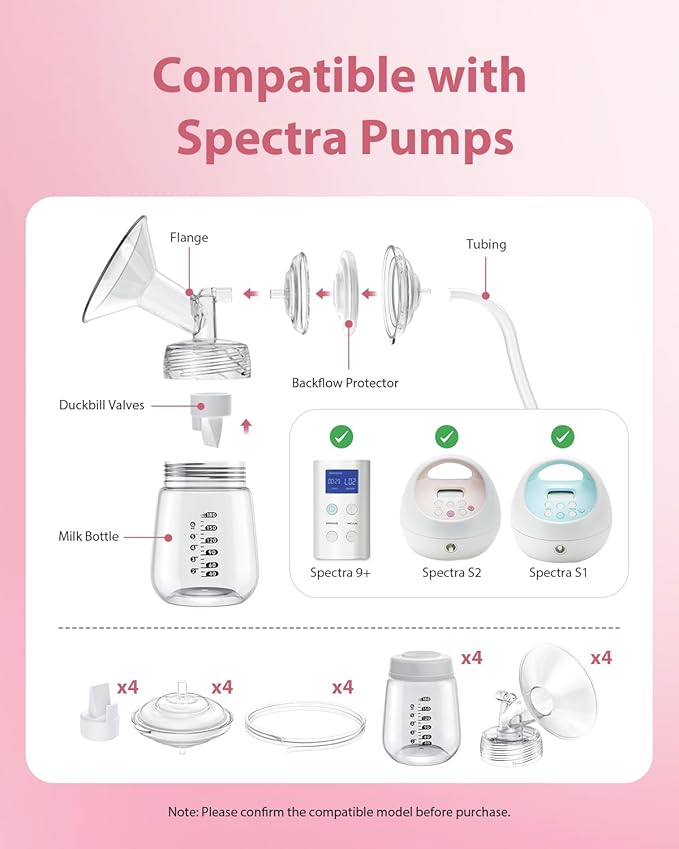 Breast Pump Parts Compatible with Spectra S1/S2/9 Plus, Not Original Accessories, 4 Set Replacements Include 21mm Flanges, Valves, Backflow Protectors (Duckbills Included), Tubings and Bottles