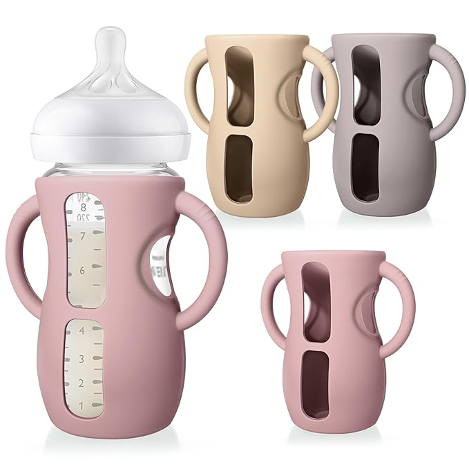 Juome Silicone Sleeves with Handles for Avent Natural Glass Baby Bottles - 3 Pack Anti Breakage Baby Bottle Holder for Philips Avent Glass Baby Bottle, Compatible with Phillips Avent Bottles 8 oz