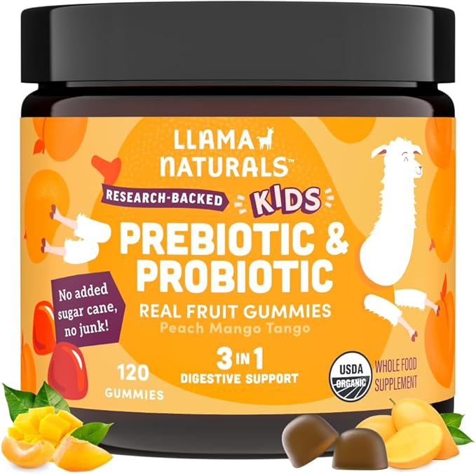 Llama Naturals Kids Probiotic with Prebiotic Fiber, Vegan, Organic Prebiotics and Probiotics Gummies for Gut Health Support, Toddler Real Fruit Gummy Vitamins, No Added Sugar Cane, Peach Mango, 120 Ct