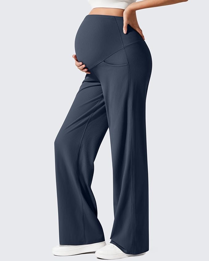 G4Free Ribbed Maternity Yoga Pants with Pockets Over The Belly Wide Leg Casual Pregnancy Lounge Trousers