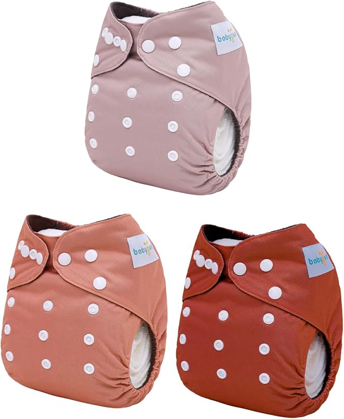 babygoal Reusable Charcoal Cloth Diapers with Double Gussets, 3 Pack Washable Baby Pocket Diapers with 3pcs Charcoal Inserts and Wet Dry Bag(Red Brown,Peach Blossom Pink)