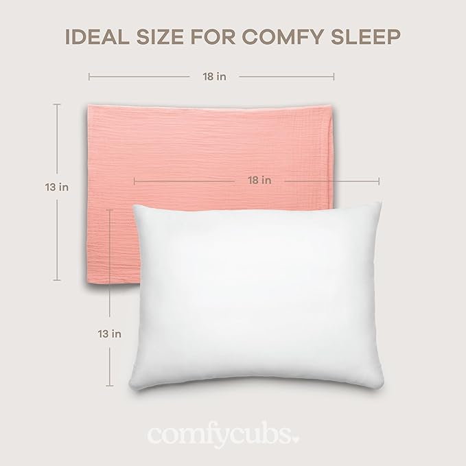 Comfy Cubs Toddler Pillow with Muslin Pillowcase, 13 x 18 in, 2 Pack - Travel and Sleep Support for Kids - Lightweight, Breathable Microfiber Fill - Soft and Cozy Small Pillow for Toddlers - Blush
