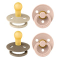BIBS Pacifiers - Colour 4 Pack | Round Nipple Baby Pacifier | BPA Free Natural Rubber Latex Soother | Made in Denmark | Size 0-6 Months | Pink Colors