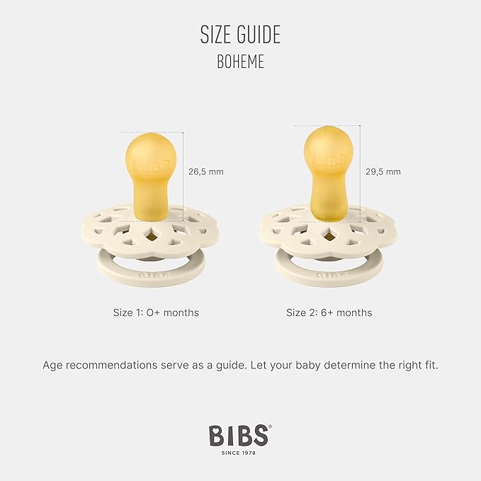 BIBS Boheme Pacifier 4-Pack. BPA Free Dummy Pacifier, Round Nipple. Natural Rubber Latex, Made in Denmark, Size 2 (6-18 Months), Blossom