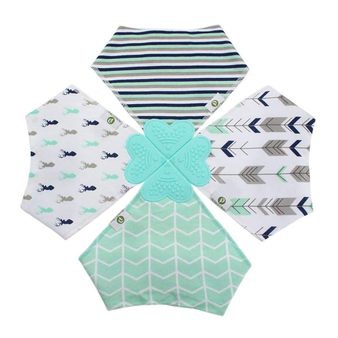 Pickle & Olive Baby Bandana Teething Bibs with Attached Silicone Teether, Set Of 4 - Blue Deer