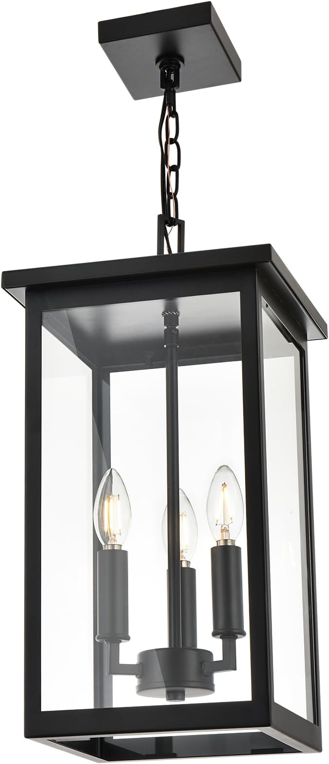 Black Outdoor Pendant Lanern, E12 Candle Chandelier 3-Lights Large Exterior Hanging Light Fixture with Clear Glass Height Adjustable for Indoor Entryway Porch