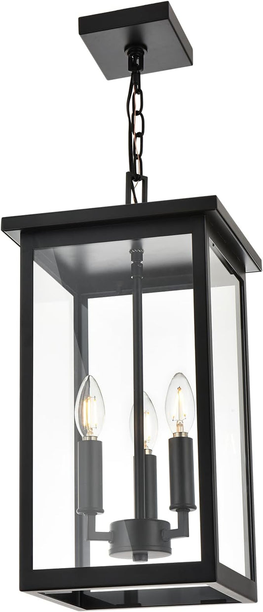 Black Outdoor Pendant Lanern, E12 Candle Chandelier 3-Lights Large Exterior Hanging Light Fixture with Clear Glass Height Adjustable for Indoor Entryway Porch