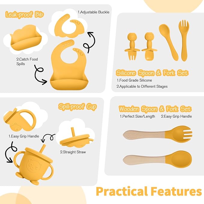 Baby Led Weaning Supplies, 17 Piece BPA-Free Silicone Feeding Set, Eating Essentials Baby Utensils with Suction Plate and Bowl, Pocket Bib, Sippy Cup with Lid, for 6+ Months, Yellow