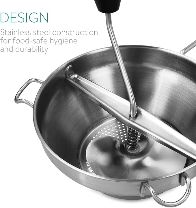 Navaris Food Mill - Stainless Steel Food Mill 1.26-Quart with Hand Crank and 3 Grinding Discs - Grind & Puree Tomato Sauce, Mashed Potatoes - or for Canning Applesauce