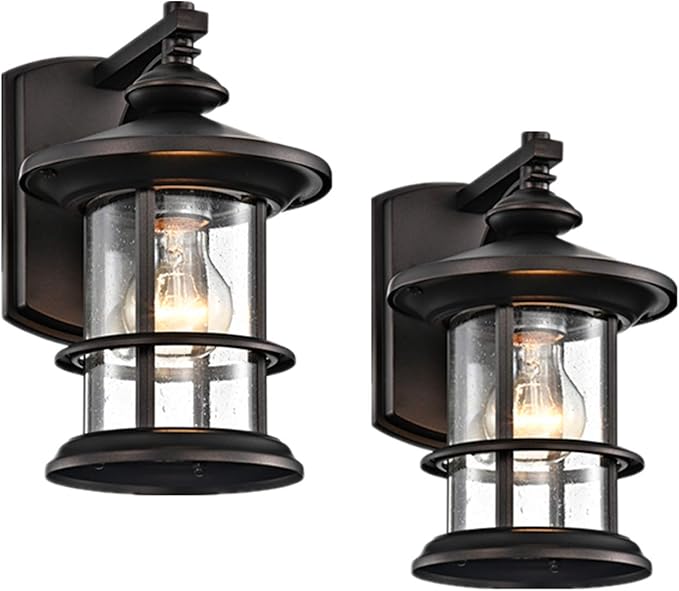 MICSIU Oil Rubbed Bronze Outdoor Wall Light 2 Pack, Clear Seedy Glass Exterior Wall Sconce Light Fixture, 10 Inch Metal Outdoor Porch Lights for House, Front Porch, Patio, Backyard
