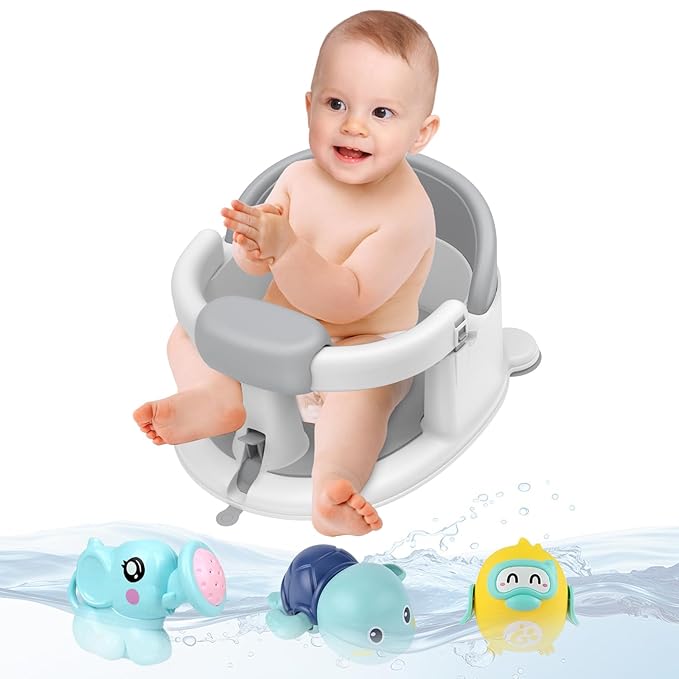 Inaya Baby Bath Seat for Babies 6 Months & Up, Non-Slip, Safe and Comfortable Bathub Chair for Sitting-Up, Ideal Open Design – Essential Bath Time Support (Grey)