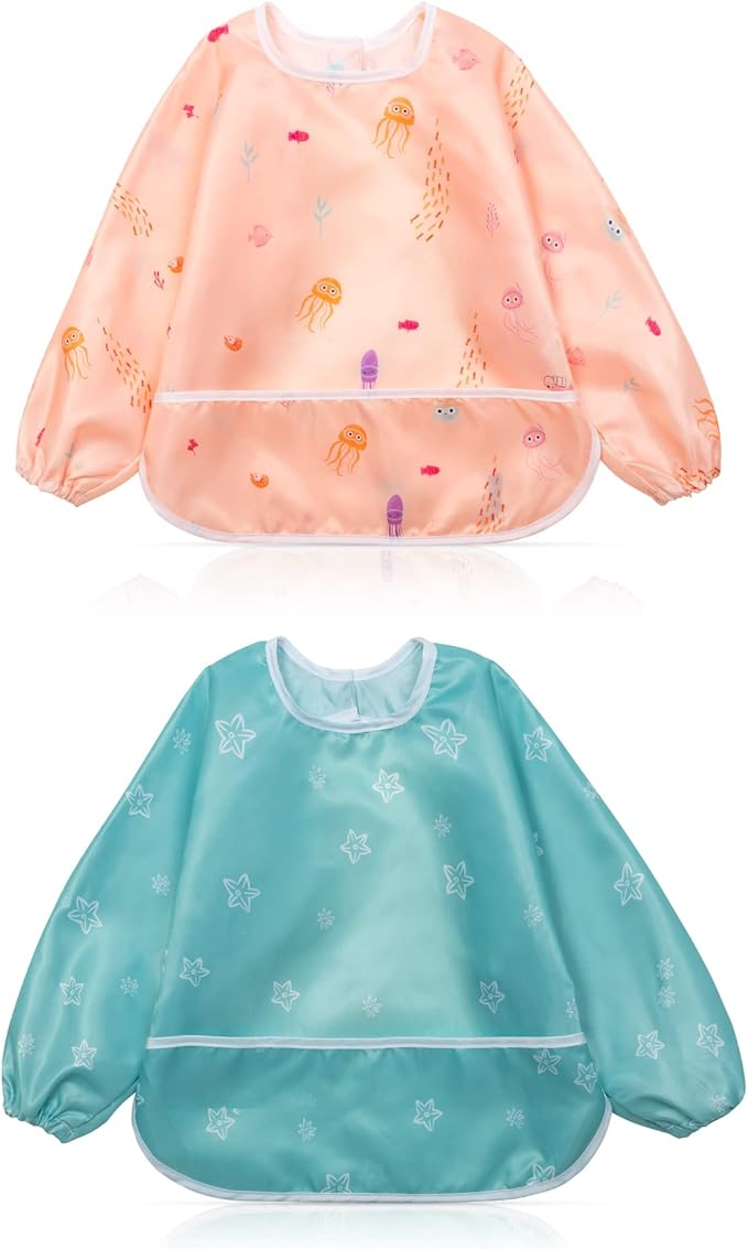 Little Dimsum Baby Bib with Pocket Waterproof Toddler Bibs Infant Feeding Bibs for Boys and Girls, Pack of 2 Colors