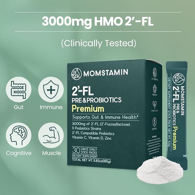 MOMSTAMIN Premium 3,000mg Human Milk Oligosaccharide (HMO 2'-FL) Prebiotic Probiotic Powder Supplement for Immunity Digestion Metabolism Gut Health, Clinically Researched (30 Sticks, 1 Month)