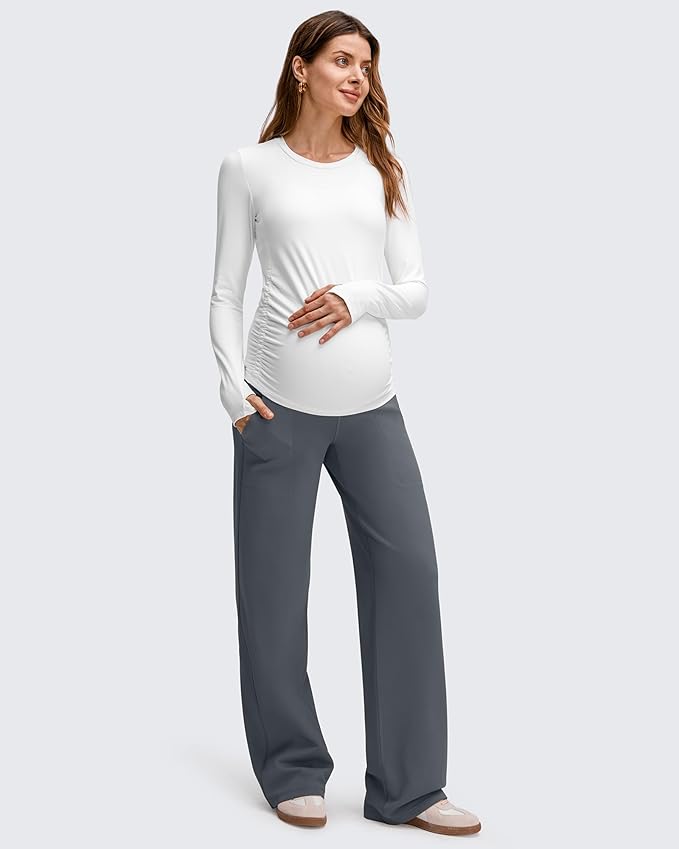 G4Free EverGoing Fleece Lined Maternity Wide Leg Pants Over The Belly Pregnancy Trousers with Pockets