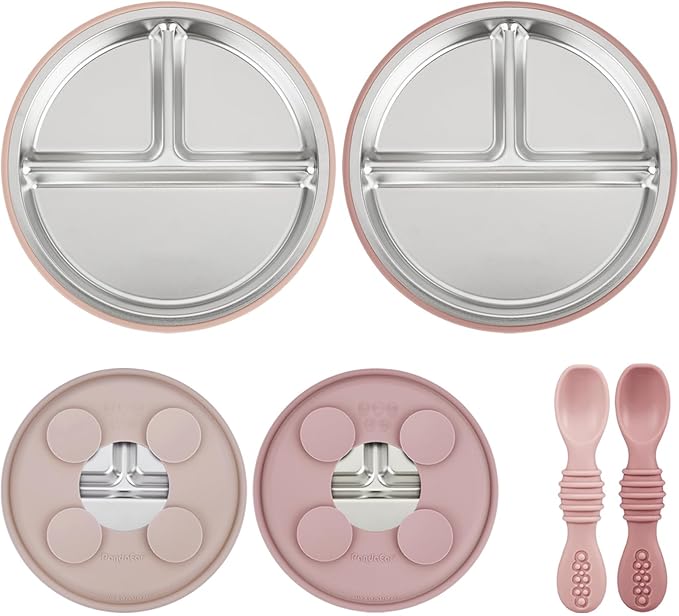 PandaEar Baby Feeding Set 4 Pcs, 2 Pack Stainless Steel Suction Plates & 2 Pack Spoons Set, Divided Plates for Baby Led Weaning Supplies, BPA-Free (Dark pink/Light pink)