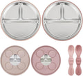PandaEar Baby Feeding Set 4 Pcs, 2 Pack Stainless Steel Suction Plates & 2 Pack Spoons Set, Divided Plates for Baby Led Weaning Supplies, BPA-Free (Dark pink/Light pink)