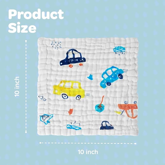 Muslin Baby Washcloths Baby Wipes Newborn Pack of 7-Car Patten, Absorbent Baby Bath and Face Towels for Newborn,100% Cotton,Burp Cloths,Feeding Towels for Babies and Infants,Reusable-10x10