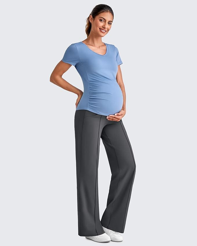 G4Free Maternity Dress Yoga Pants with Pockets Over The Belly Stretchy Work Slack Pregnancy Wide Leg Lounge Trousers