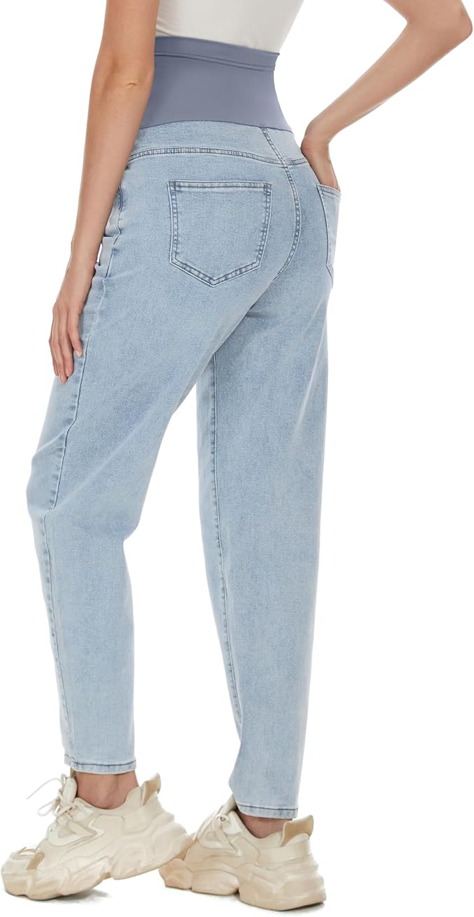 POSHGLAM Women's Maternity Jeans Over Belly Comfy Stretch 28'' Boyfriend Jeans Loose Pregnancy Pants, S-XXL