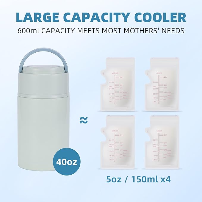 Portable Breast Milk Cooler, Stainless Steel Breastmilk Storage Keeps Breastmilk Cold for up to 24 Hours, Breast Milk Chiller Included Ice Pack for Women Outdoor Travel - Blue