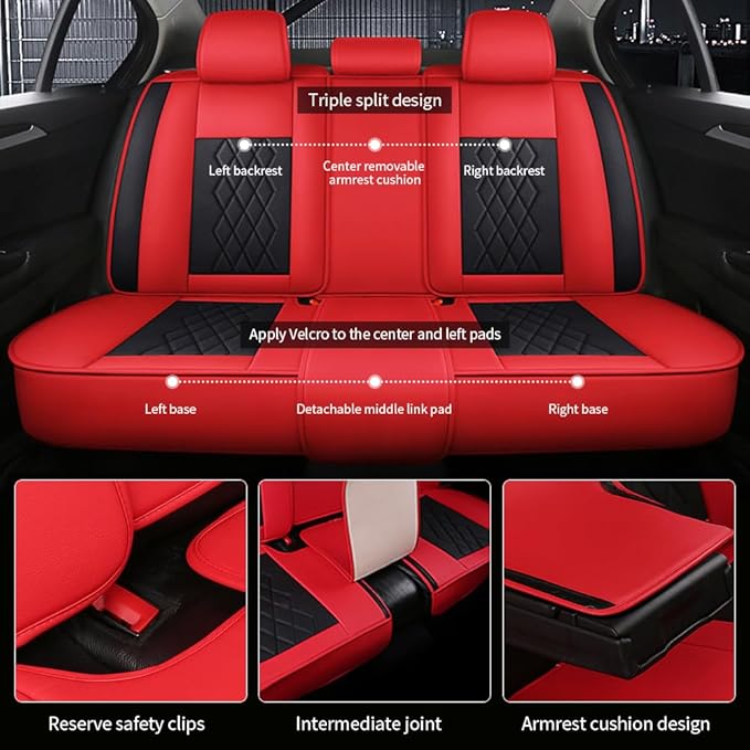 Leather Car Seat Covers for Volkswagen Atlas 2019-2023Waterproof,Breathable and Non-Slip Napa Leather Car Interior Seat Covers,Comfortable and Durable,Easy to Install(5PCS Comfort Black+Red