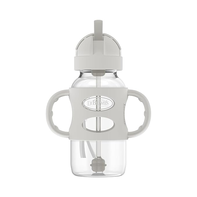 Dr. Brown's Milestones Wide-Neck Sippy Straw Bottle with 100% Silicone Handles and Weighted Straw, 9 oz/270 mL, Gray, 6m+ (Pack of 6)