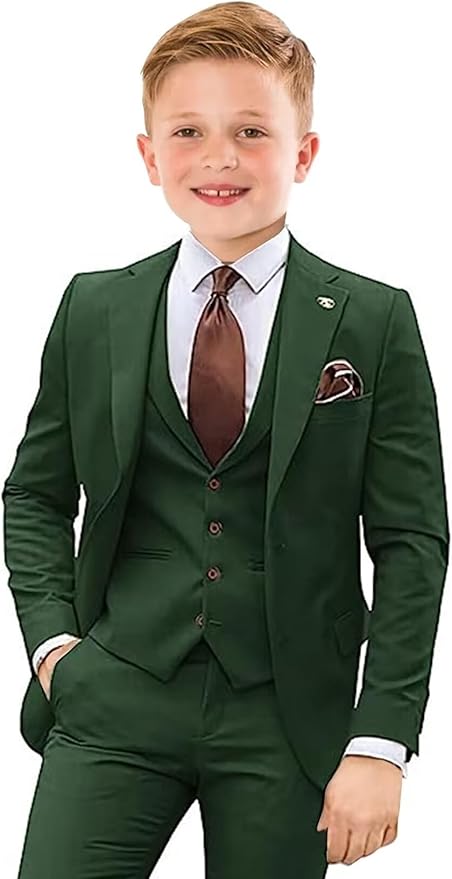 Boys Suit 4 Piece Slim Fit Kids Tuxedo Suit Formal Wedding Outfit Blazer Vest Pants Set with Tie