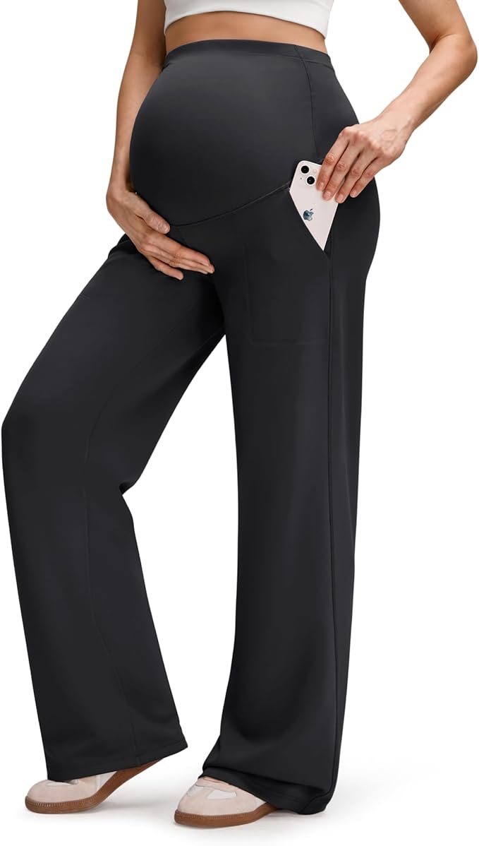 G4Free EverGoing Fleece Lined Maternity Wide Leg Pants Over The Belly Pregnancy Trousers with Pockets