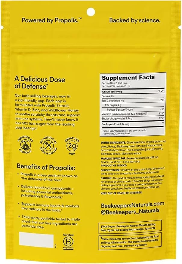 Beekeeper's Naturals Kids Throat Soothing Lollipops, Mixed Berry & Elderberry Doctor Formulated Immune Support, Vitamin D & Honey, 15 ct